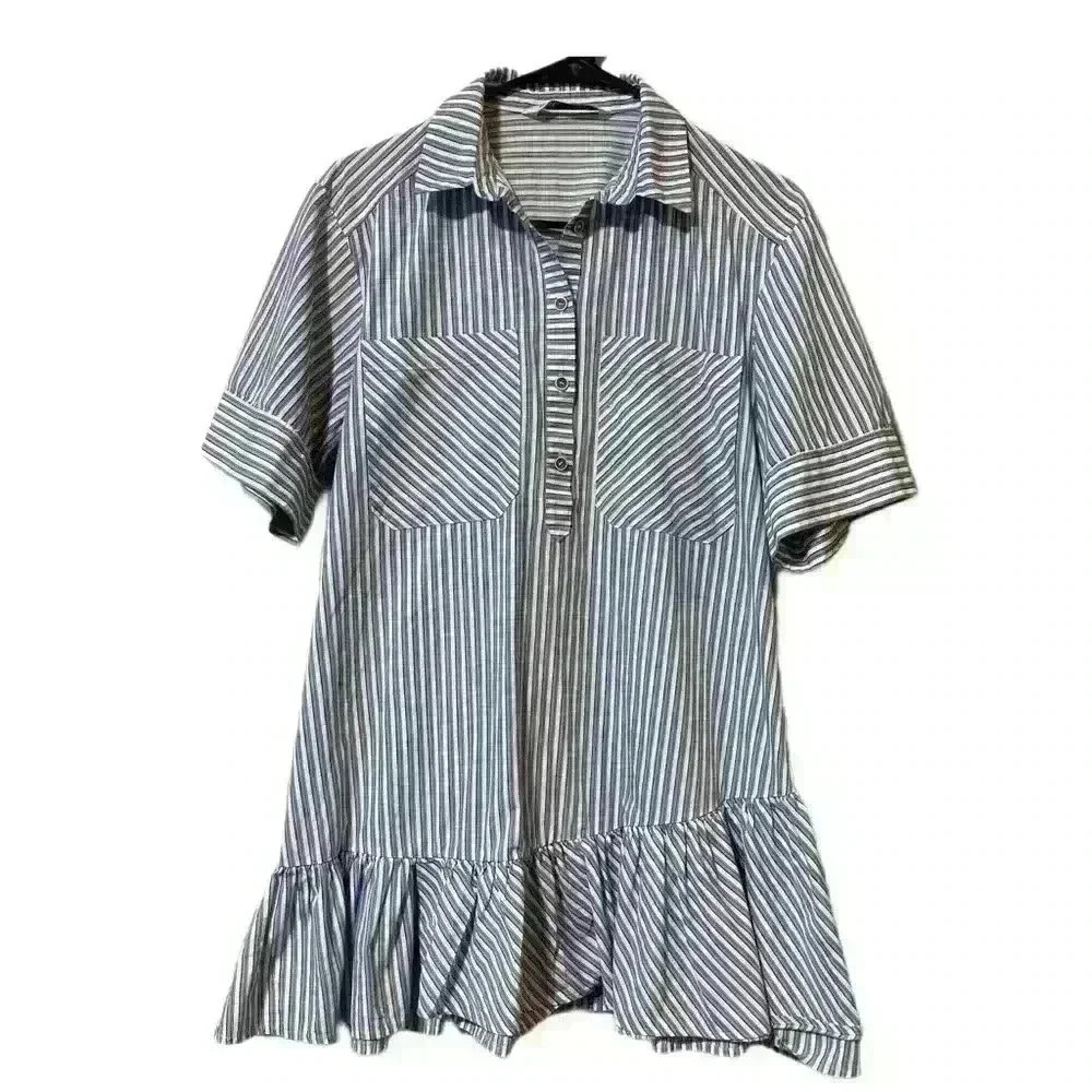 Zara Blue and White Striped Ruffled Collared Mini Dress women’s Size S Beach